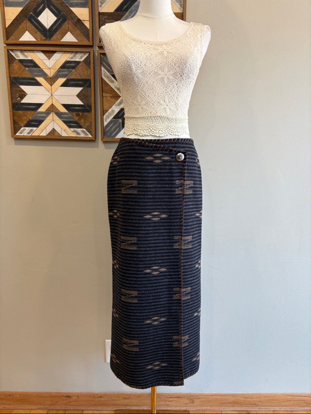 Vintage Lauren Ralph Lauren Southwestern Aztec Wool Leather Lace Wrap Skirt sz 6